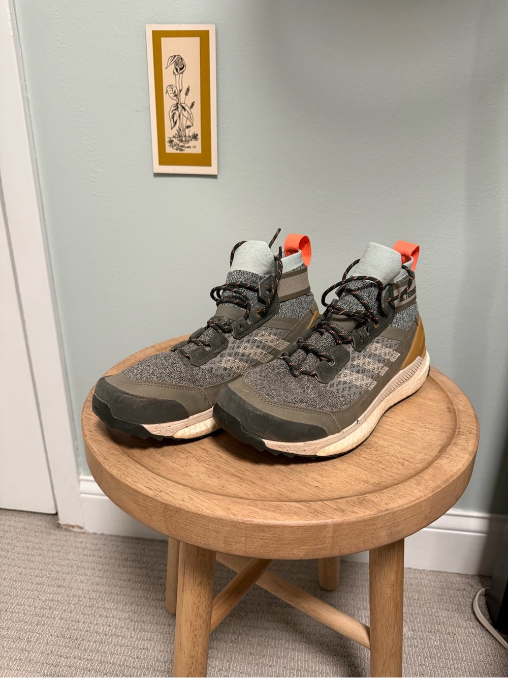 adidas Olive Green High-Top Trail Sneakers with Orange Pull Tabs